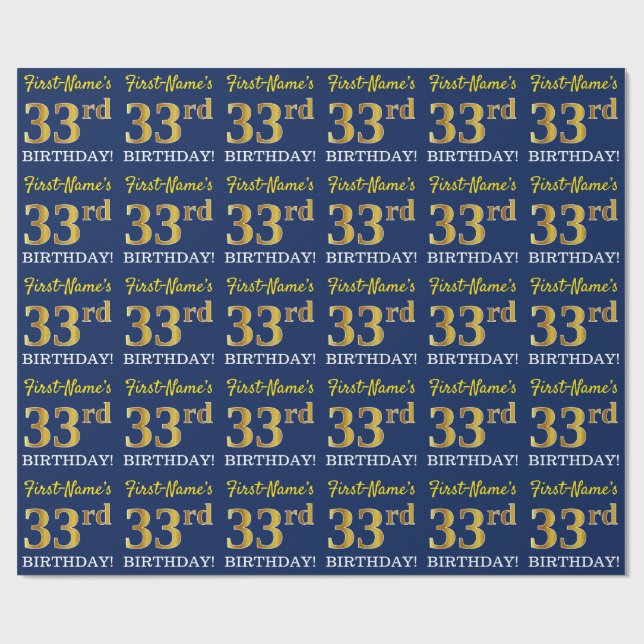 Blue, Imitation Gold Look "33rd BIRTHDAY" Wrapping Paper (Flat)