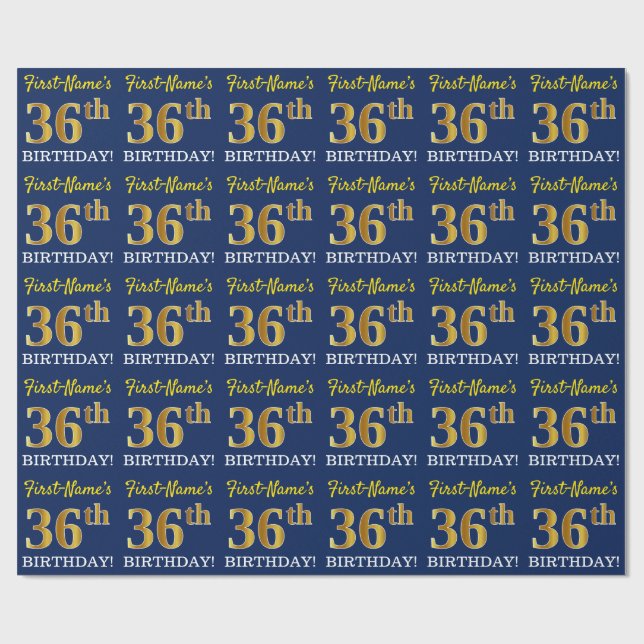 Blue, Imitation Gold Look "36th BIRTHDAY" Wrapping Paper (Flat)