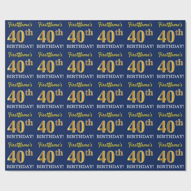 Blue, Imitation Gold Look "40th BIRTHDAY" Wrapping Paper (Flat)