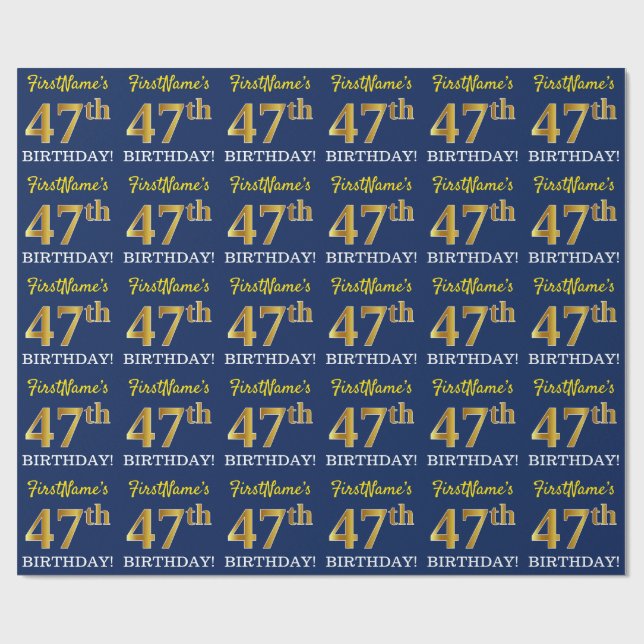 Blue, Imitation Gold Look "47th BIRTHDAY" Wrapping Paper (Flat)