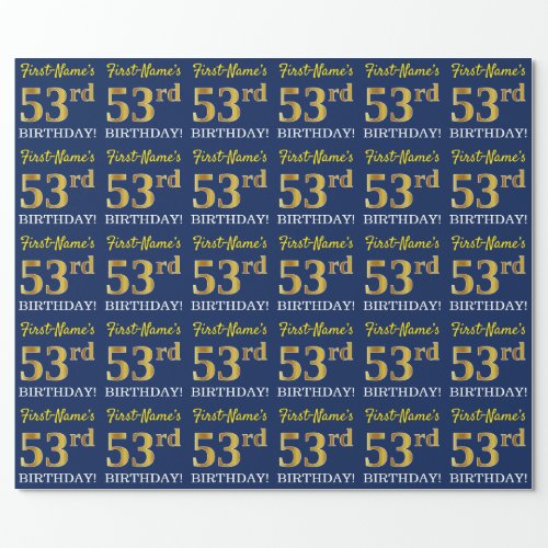 Blue Imitation Gold Look 53rd BIRTHDAY Wrapping Paper