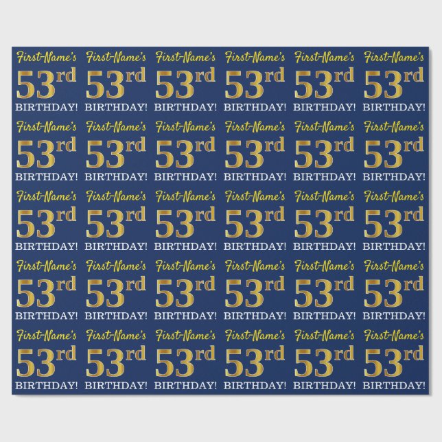 Blue, Imitation Gold Look "53rd BIRTHDAY" Wrapping Paper (Flat)