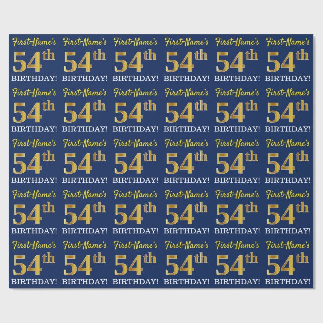 Blue, Imitation Gold Look "54th BIRTHDAY" Wrapping Paper (Flat)