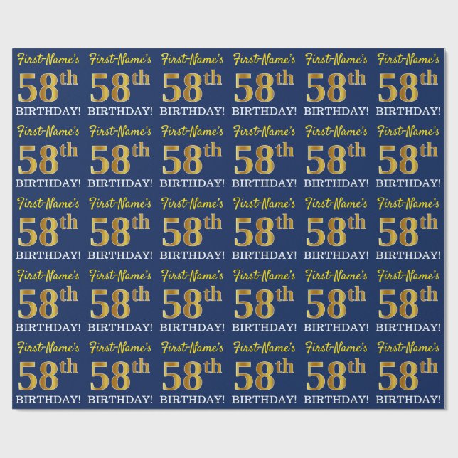 Blue, Imitation Gold Look "58th BIRTHDAY" Wrapping Paper (Flat)