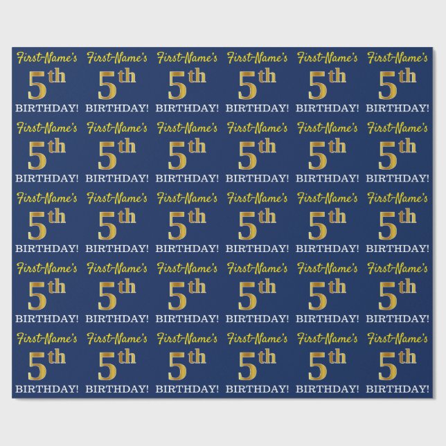 Blue, Imitation Gold Look "5th BIRTHDAY" Wrapping Paper (Flat)