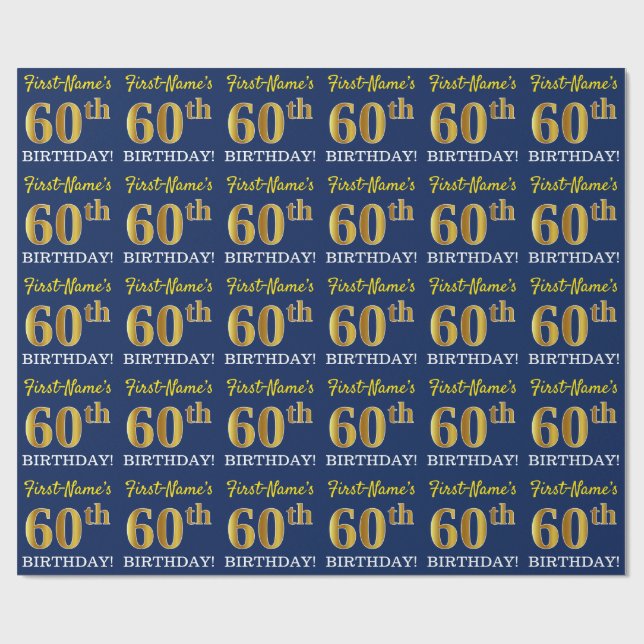 Blue, Imitation Gold Look "60th BIRTHDAY" Wrapping Paper (Flat)