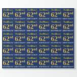 [ Thumbnail: Blue, Imitation Gold Look "62nd Birthday" Wrapping Paper ]