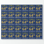 [ Thumbnail: Blue, Imitation Gold Look "64th Birthday" Wrapping Paper ]