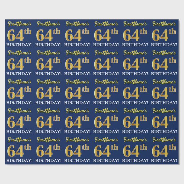 Blue, Imitation Gold Look "64th BIRTHDAY" Wrapping Paper (Flat)