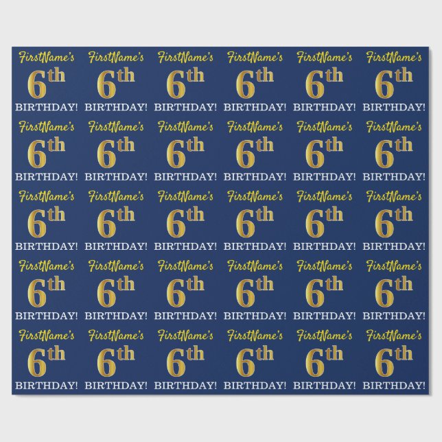 Blue, Imitation Gold Look "6th BIRTHDAY" Wrapping Paper (Flat)