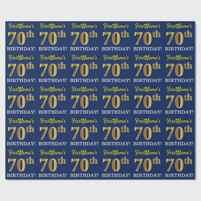Blue, Imitation Gold Look "70th BIRTHDAY" Wrapping Paper (Flat)