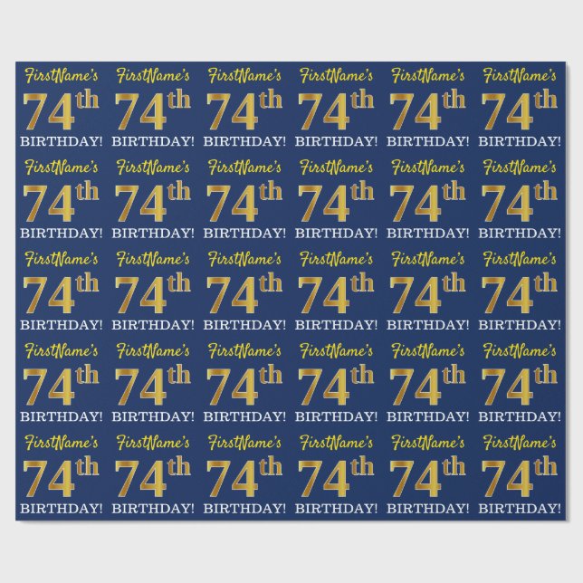 Blue, Imitation Gold Look "74th BIRTHDAY" Wrapping Paper (Flat)