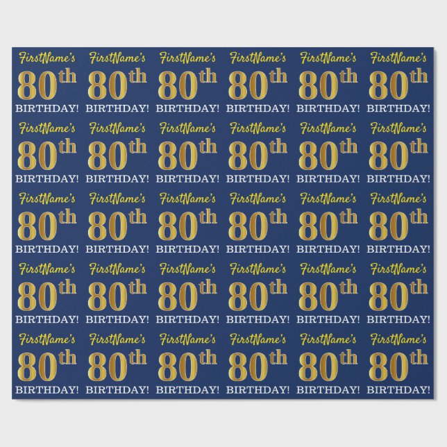 Blue, Imitation Gold Look "80th BIRTHDAY" Wrapping Paper (Flat)