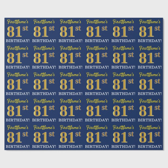 Blue, Imitation Gold Look "81st BIRTHDAY" Wrapping Paper (Flat)