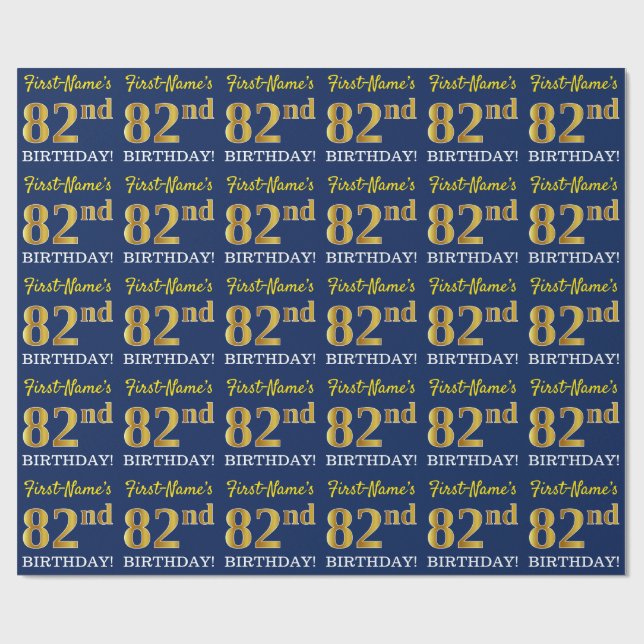 Blue, Imitation Gold Look "82nd BIRTHDAY" Wrapping Paper (Flat)