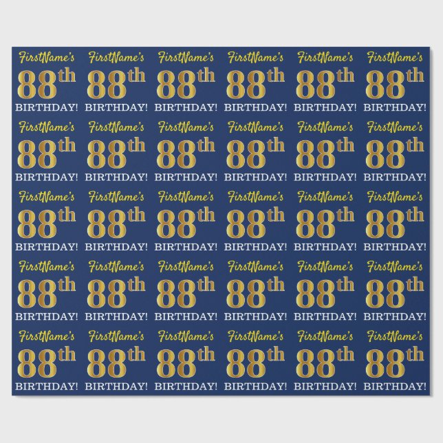 Blue, Imitation Gold Look "88th BIRTHDAY" Wrapping Paper (Flat)