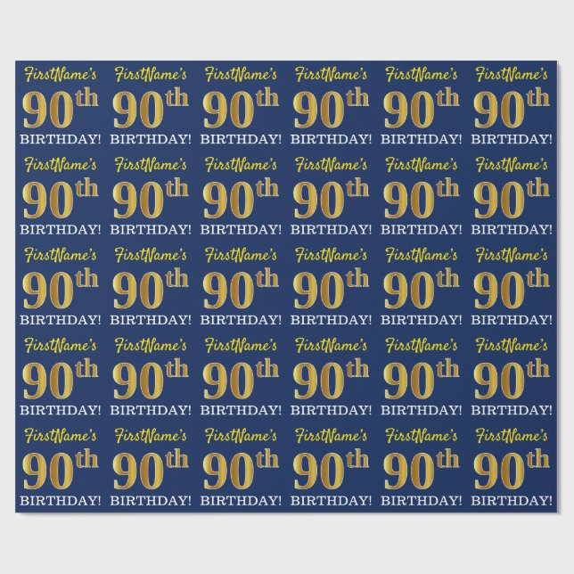 Blue, Imitation Gold Look "90th BIRTHDAY" Wrapping Paper (Flat)