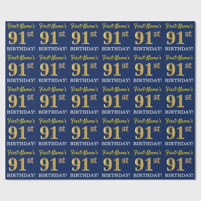 Blue, Imitation Gold Look "91st BIRTHDAY" Wrapping Paper (Flat)