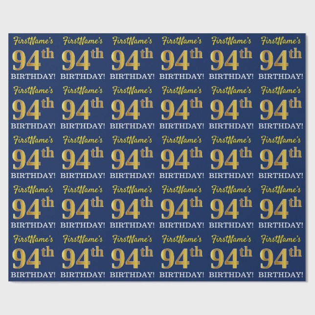 Blue, Imitation Gold Look "94th BIRTHDAY" Wrapping Paper (Flat)