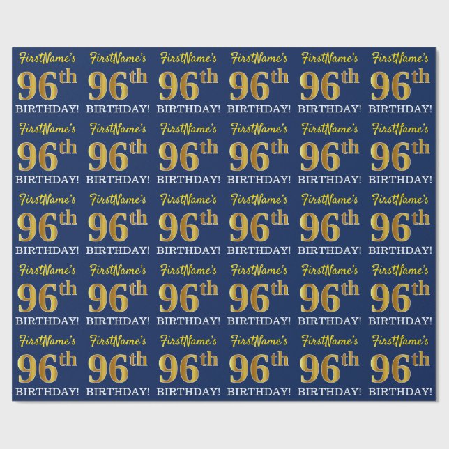 Blue, Imitation Gold Look "96th BIRTHDAY" Wrapping Paper (Flat)