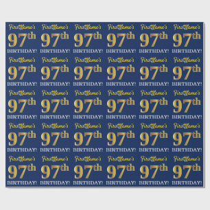 Blue, Imitation Gold Look "97th BIRTHDAY" Wrapping Paper