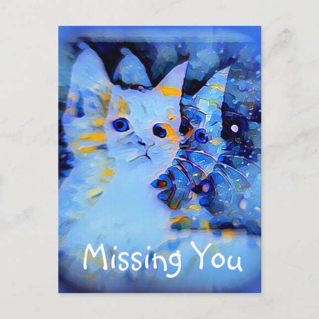 Blue Impressionist Style Kitten Art Missing You  Postcard (Front)