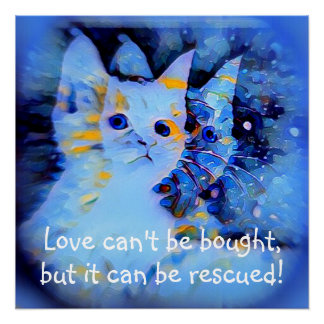 Blue Impressionist Style Kitten Rescue Love Quote Poster