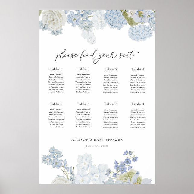 Blue In Bloom Baby Boy Shower Seating Chart (Front)