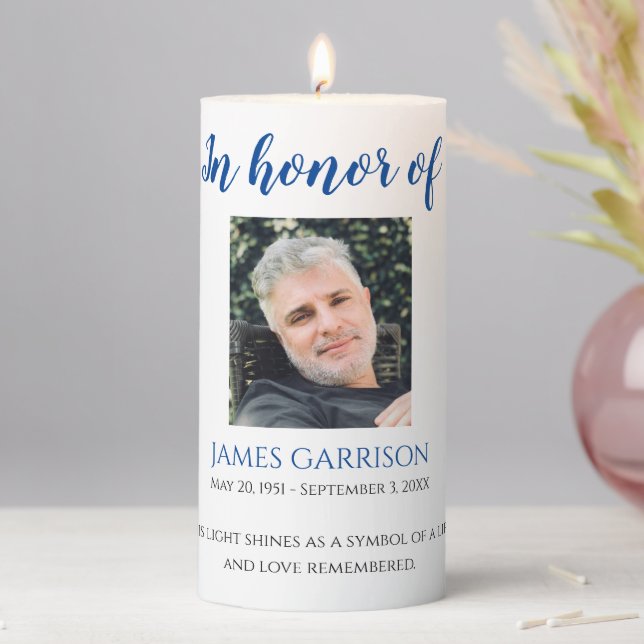 Blue In Honor Of Photo Memorial Celebration Life Pillar Candle (In Situ)