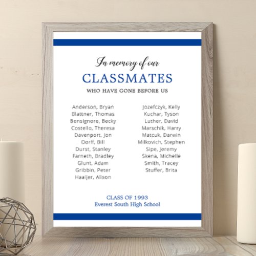 Blue In Memory Of Our Classmates Reunion Memorial Poster