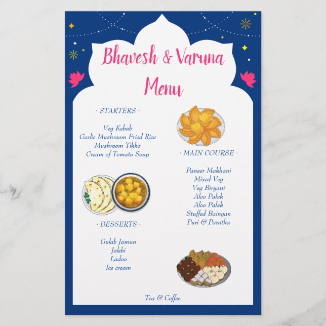 Blue Indian design border hindu wedding menu (Front)