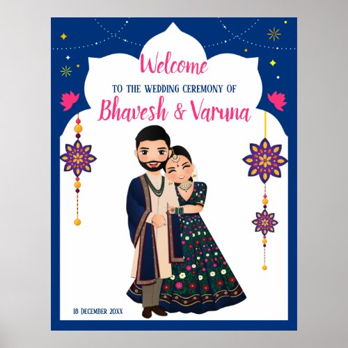 Blue indian design border hindu wedding welcome poster