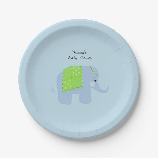 Blue Indian Elephant Baby Shower Paper Plates (Front)