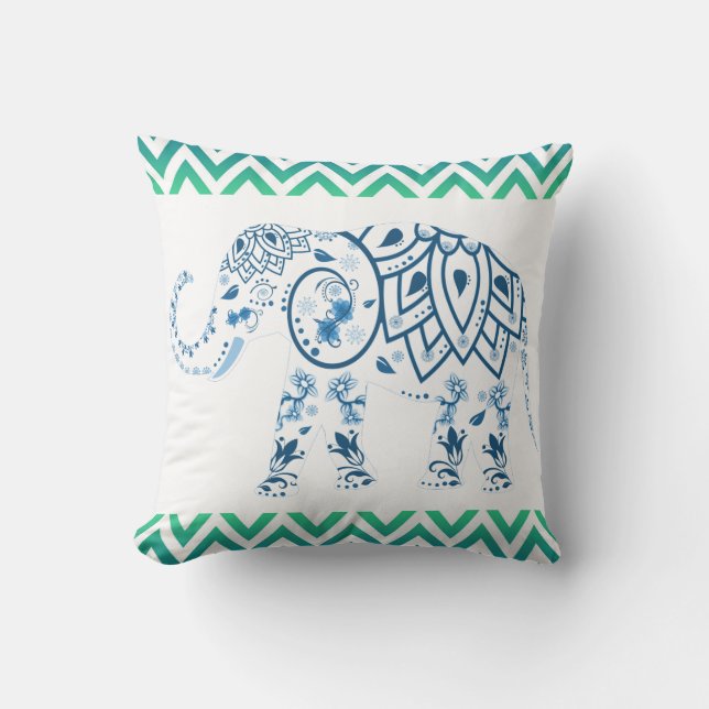 Blue Indian Elephant Green & Blue Chevron Design Throw Pillow (Front)
