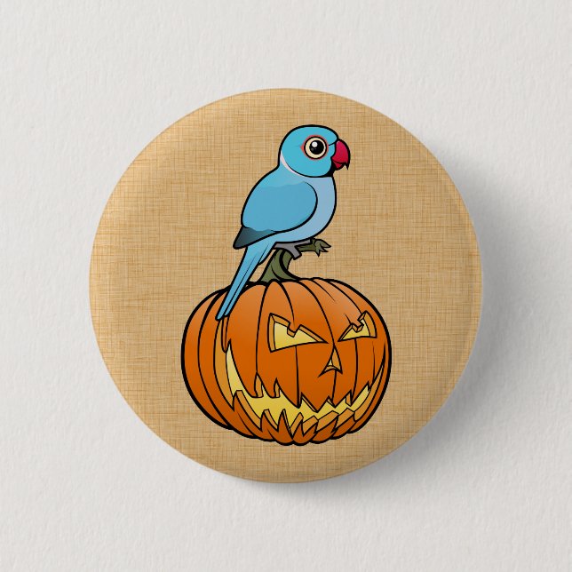 Blue Indian Ringneck on Pumpkin Halloween Button (Front)
