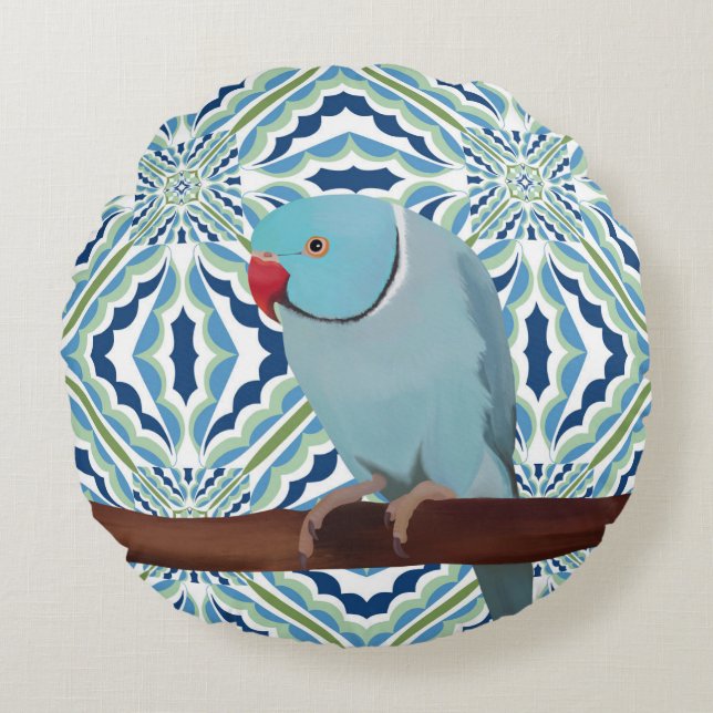 Blue Indian Ringneck Parakeet Round Pillow (Front)