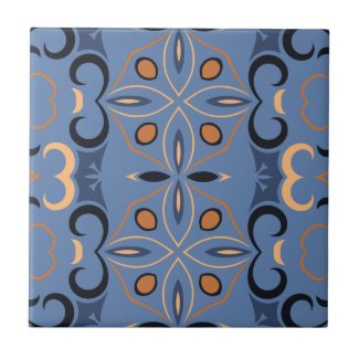 Blue Indigo And Orange Bohemian Ethnic Pattern Ceramic Tile