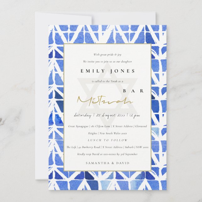 BLUE INDIGO CHEVRON PATTERN BAT BAR MITZVAH INVITE (Front)