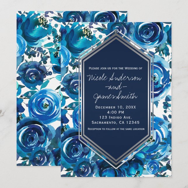 Blue Indigo Floral Flowers Elegant Chic Wedding Invitation (Front/Back)