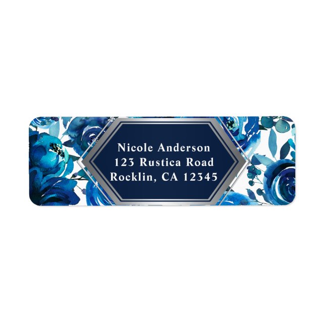 Blue Indigo Floral Flowers Elegant Chic Wedding Label (Front)