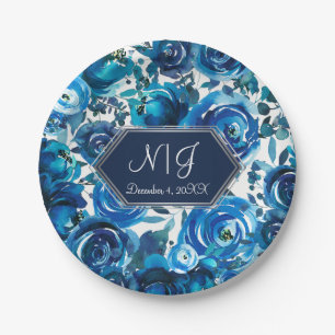 Blue Indigo Floral Flowers Elegant Chic Wedding Paper Plates