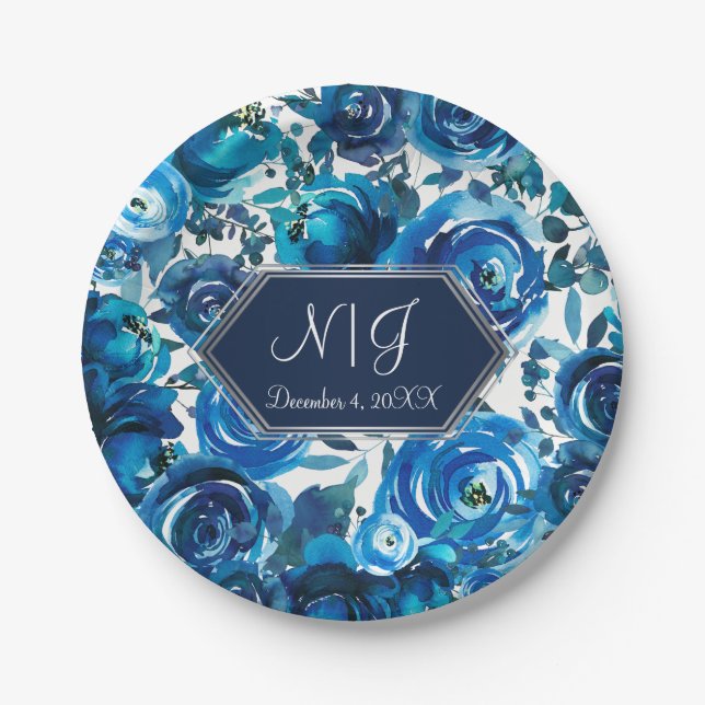 Blue Indigo Floral Flowers Elegant Chic Wedding Paper Plates (Front)