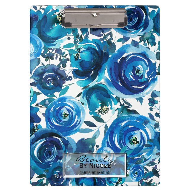 Blue Indigo Floral Flowers Elegant Personalized Clipboard (Front)