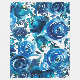 Blue Indigo Floral Flowers Elegant Shabby Chic Fleece Blanket