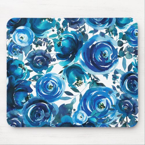 Blue Indigo Floral Flowers Elegant Shabby Chic Mouse Pad