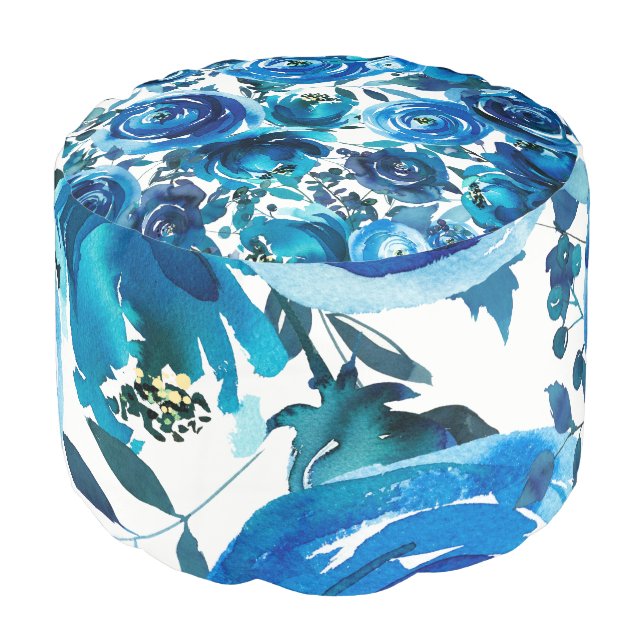Blue Indigo Floral Flowers Elegant Shabby Chic Pouf (Angled Front)