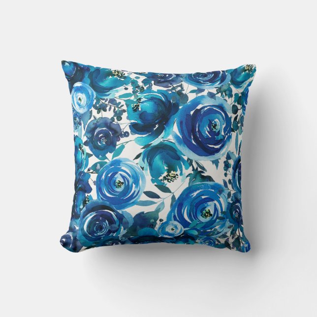 Blue Indigo Floral Flowers Elegant Shabby Chic Throw Pillow (Front)