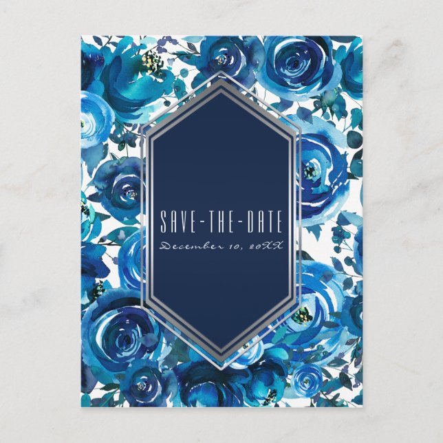 Blue Indigo Floral Flowers Wedding Save the Date Announcement Postcard (Front)