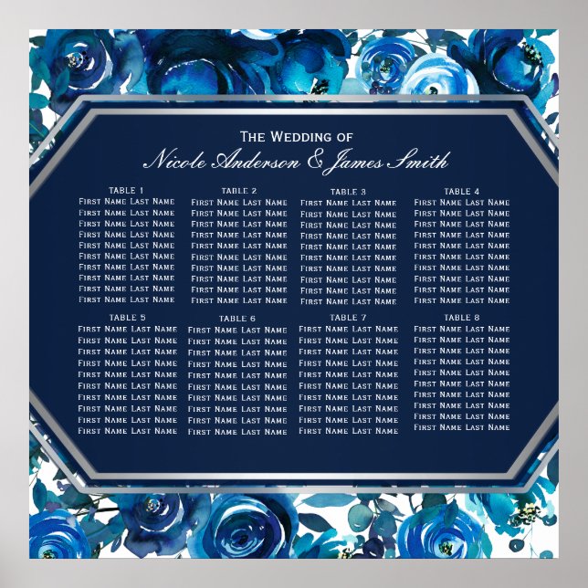 Blue Indigo Floral Flowers Wedding Seating Chart (Front)