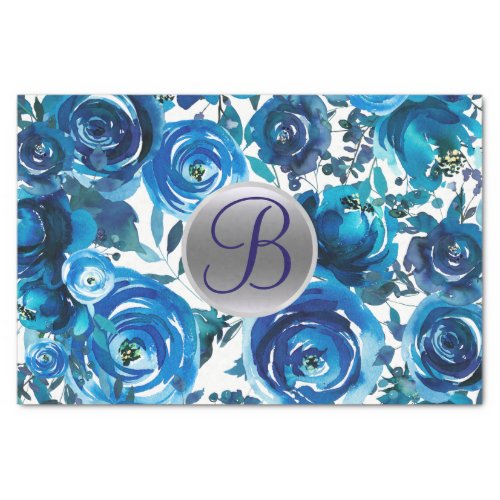 Blue Indigo Floral Monogram Letter Initial Tissue Paper